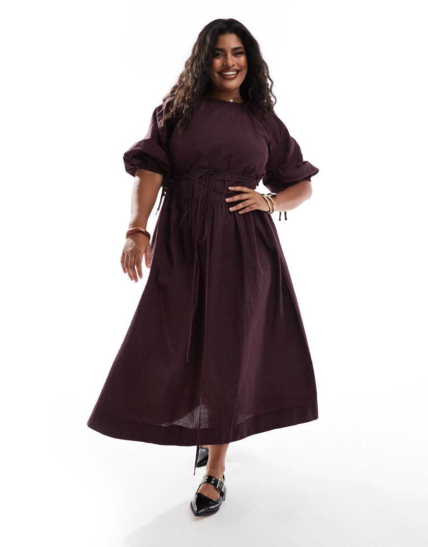 ASOS DESIGN Curve midi tie waist dress in burgundy check print