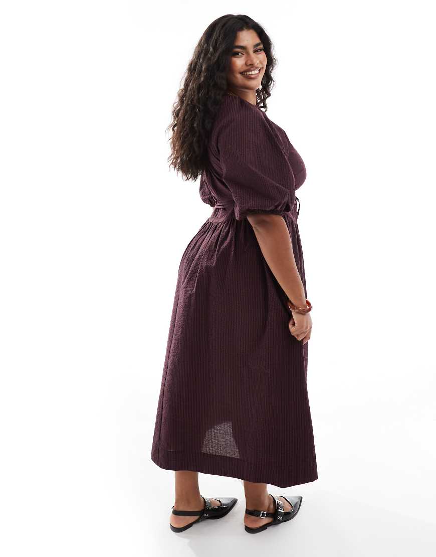 ASOS DESIGN Curve midi tie waist dress in burgundy check print