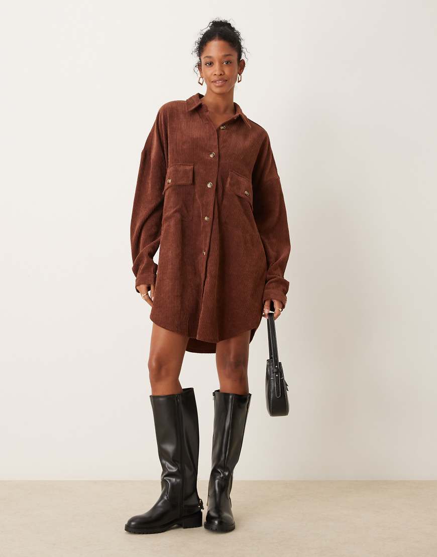 ASOS DESIGN cord oversized shirt dress with drop pocket in chocolate