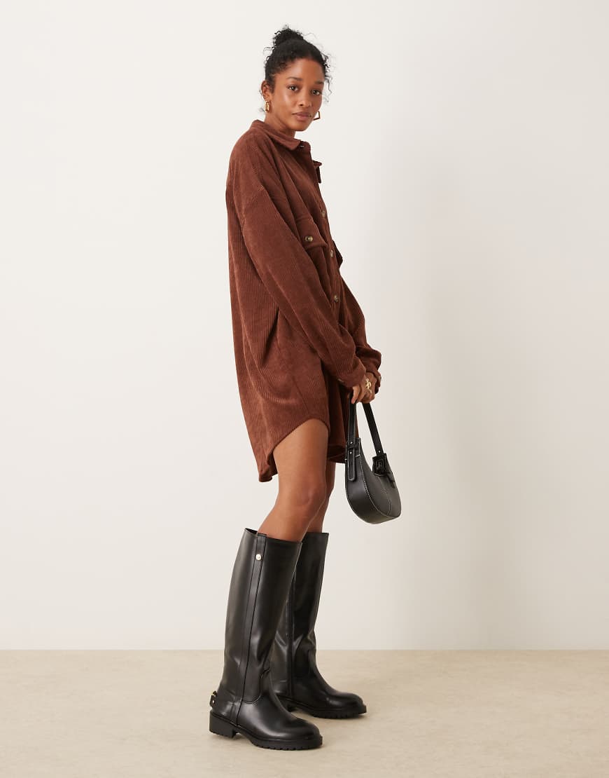 ASOS DESIGN cord oversized shirt dress with drop pocket in chocolate