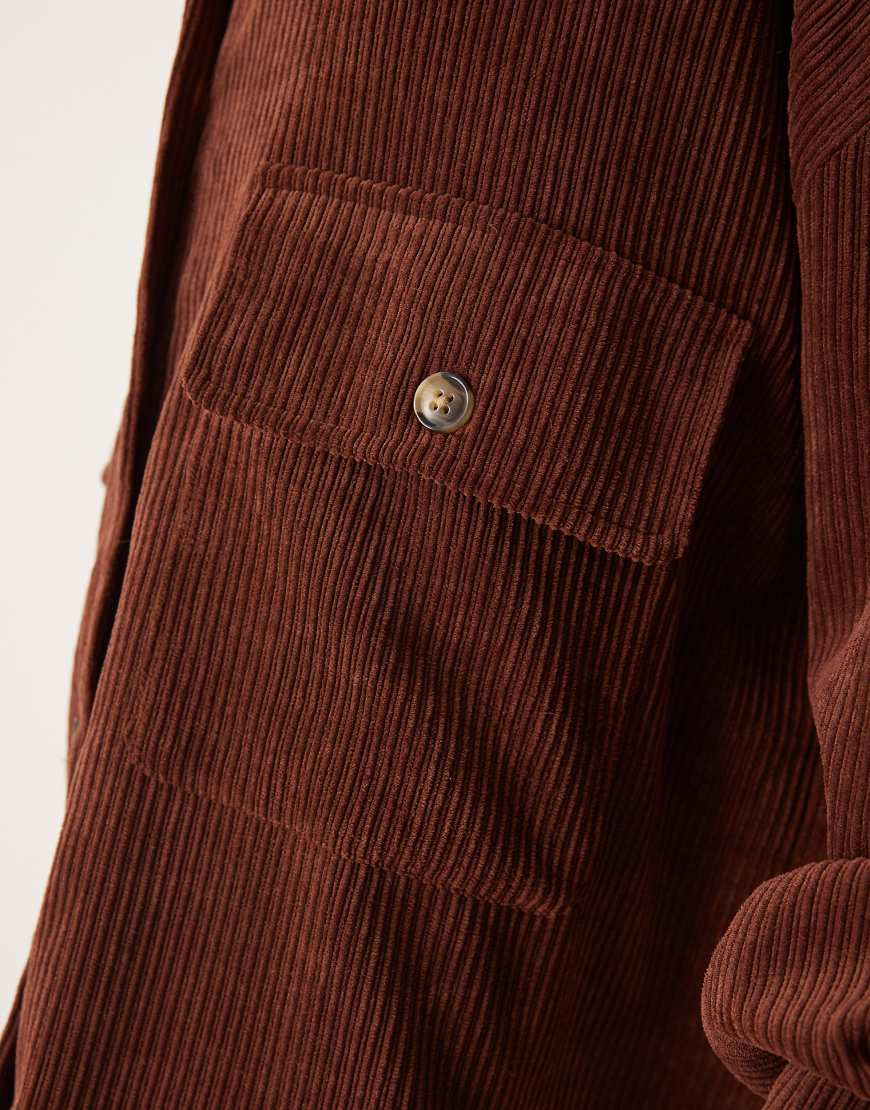 ASOS DESIGN cord oversized shirt dress with drop pocket in chocolate