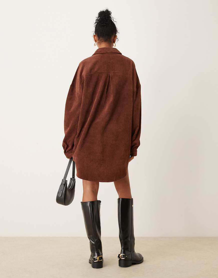 ASOS DESIGN cord oversized shirt dress with drop pocket in chocolate
