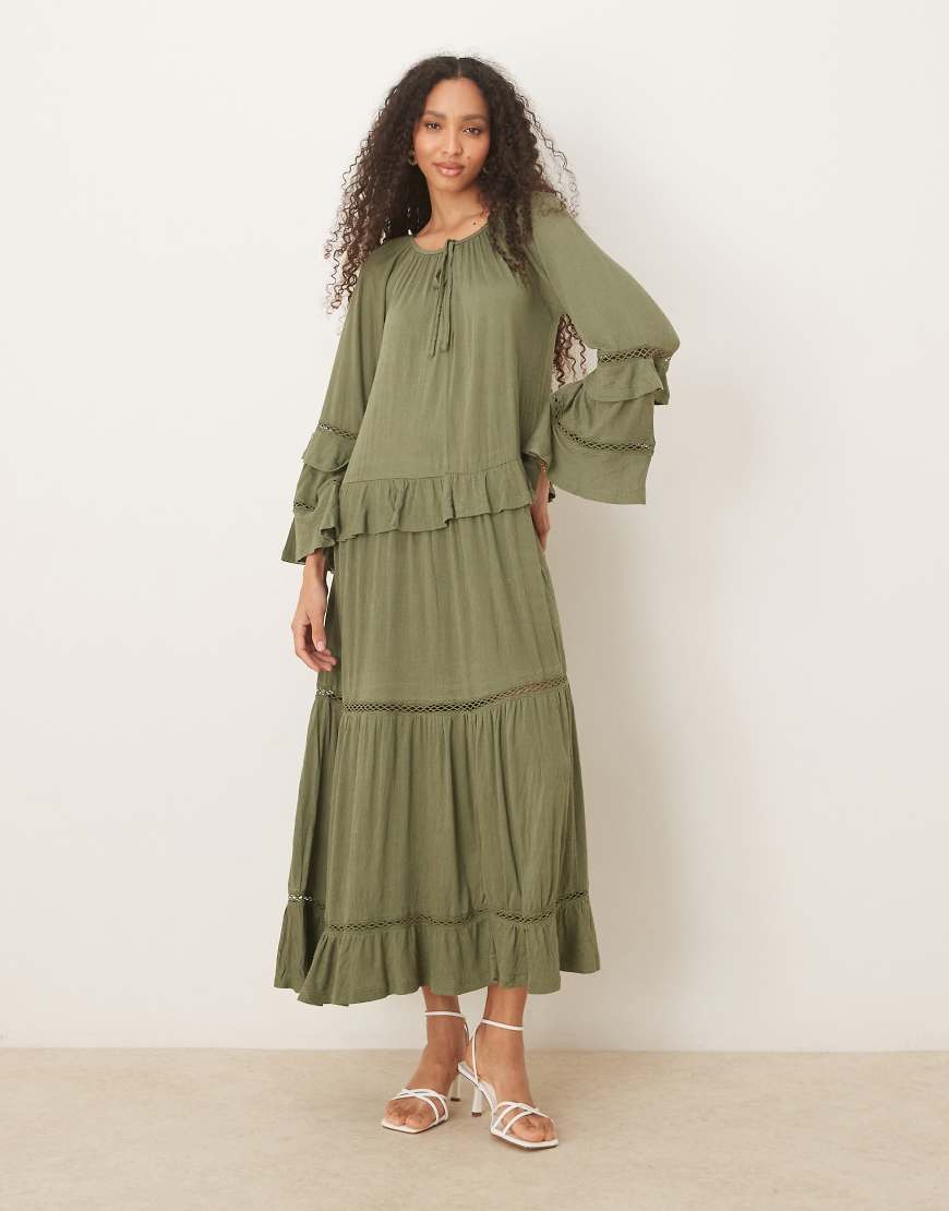 ASOS DESIGN crinkle ruffle tie front maxi dress with fluted sleeves in sage