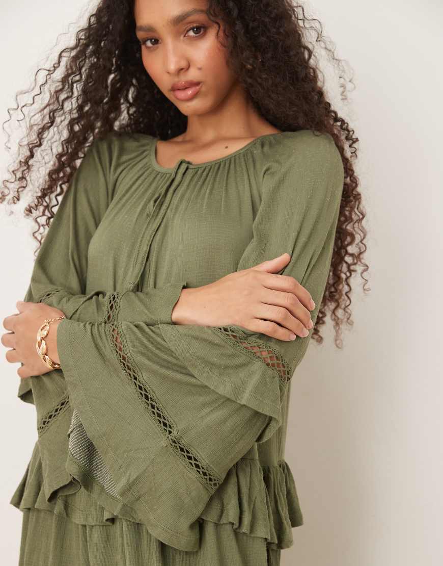 ASOS DESIGN crinkle ruffle tie front maxi dress with fluted sleeves in sage