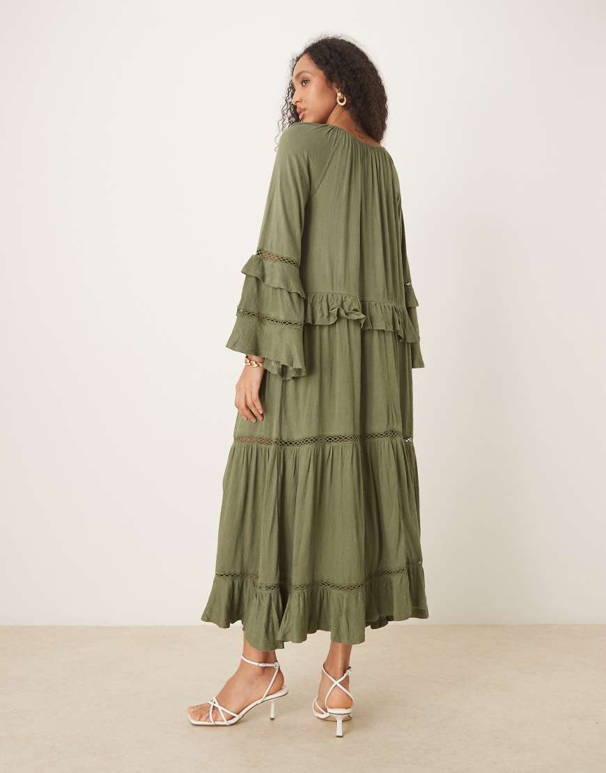 ASOS DESIGN crinkle ruffle tie front maxi dress with fluted sleeves in sage