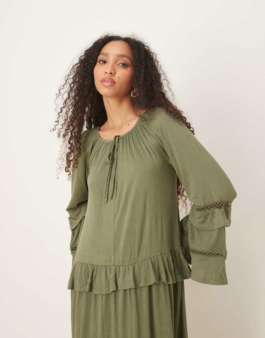 ASOS DESIGN crinkle ruffle tie front maxi dress with fluted sleeves in sage