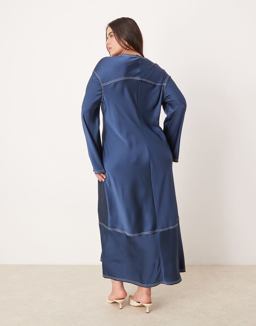 ASOS DESIGN Curve v-neck satin midi dress in denim blue with contrast cream top stitch