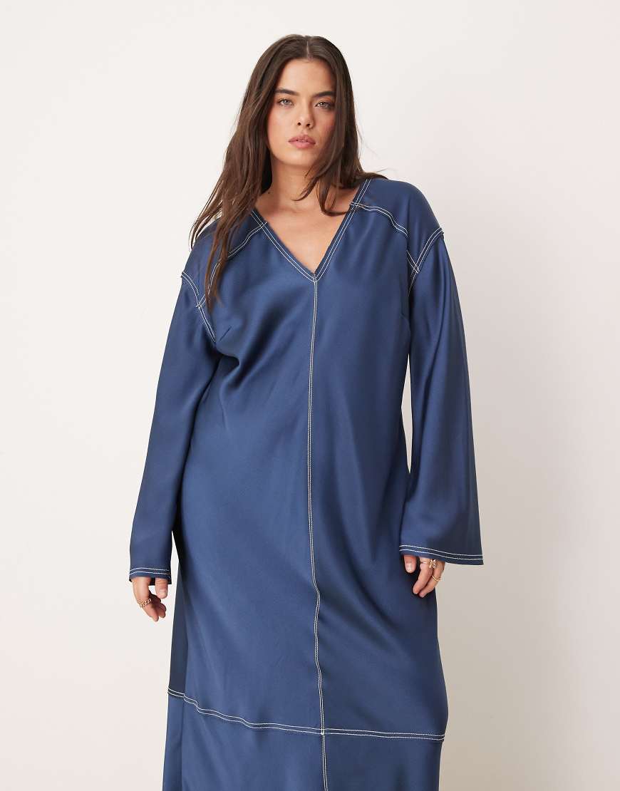 ASOS DESIGN Curve v-neck satin midi dress in denim blue with contrast cream top stitch