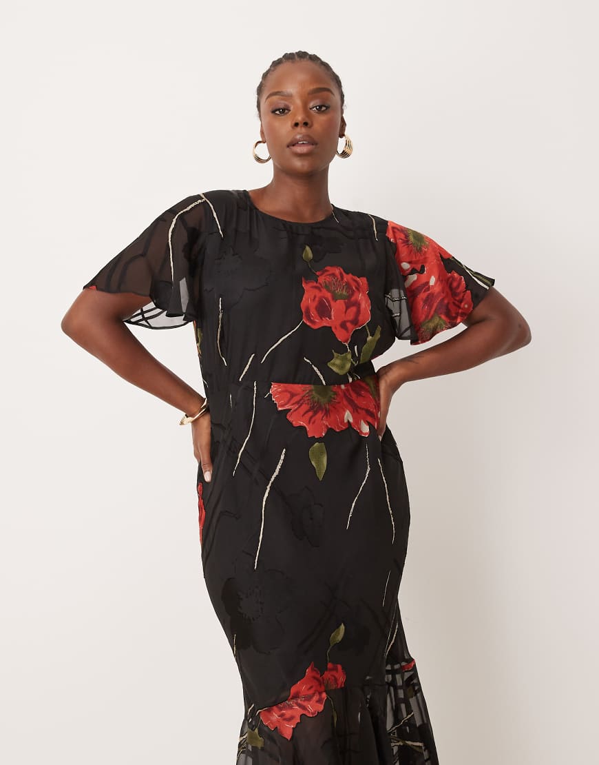 ASOS DESIGN Curve burnout angel sleeve tiered frill maxi dress in bold floral print