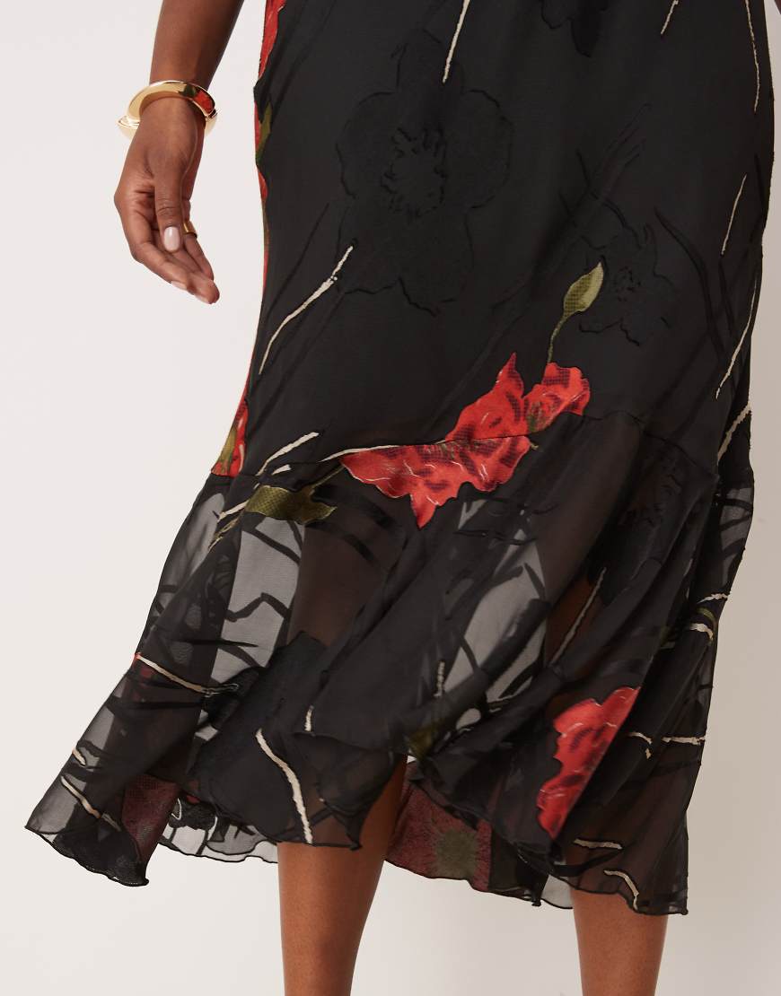 ASOS DESIGN Curve burnout angel sleeve tiered frill maxi dress in bold floral print