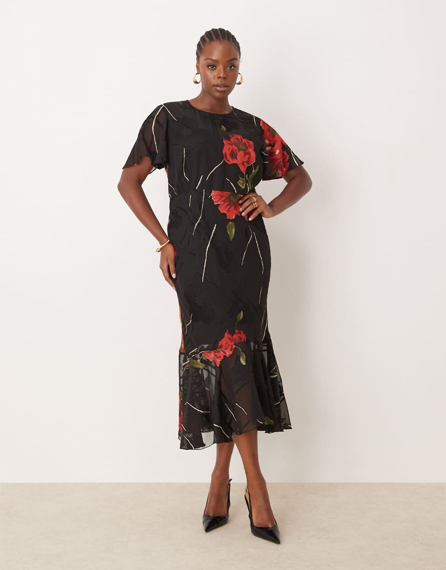 ASOS DESIGN Curve burnout angel sleeve tiered frill maxi dress in bold floral print