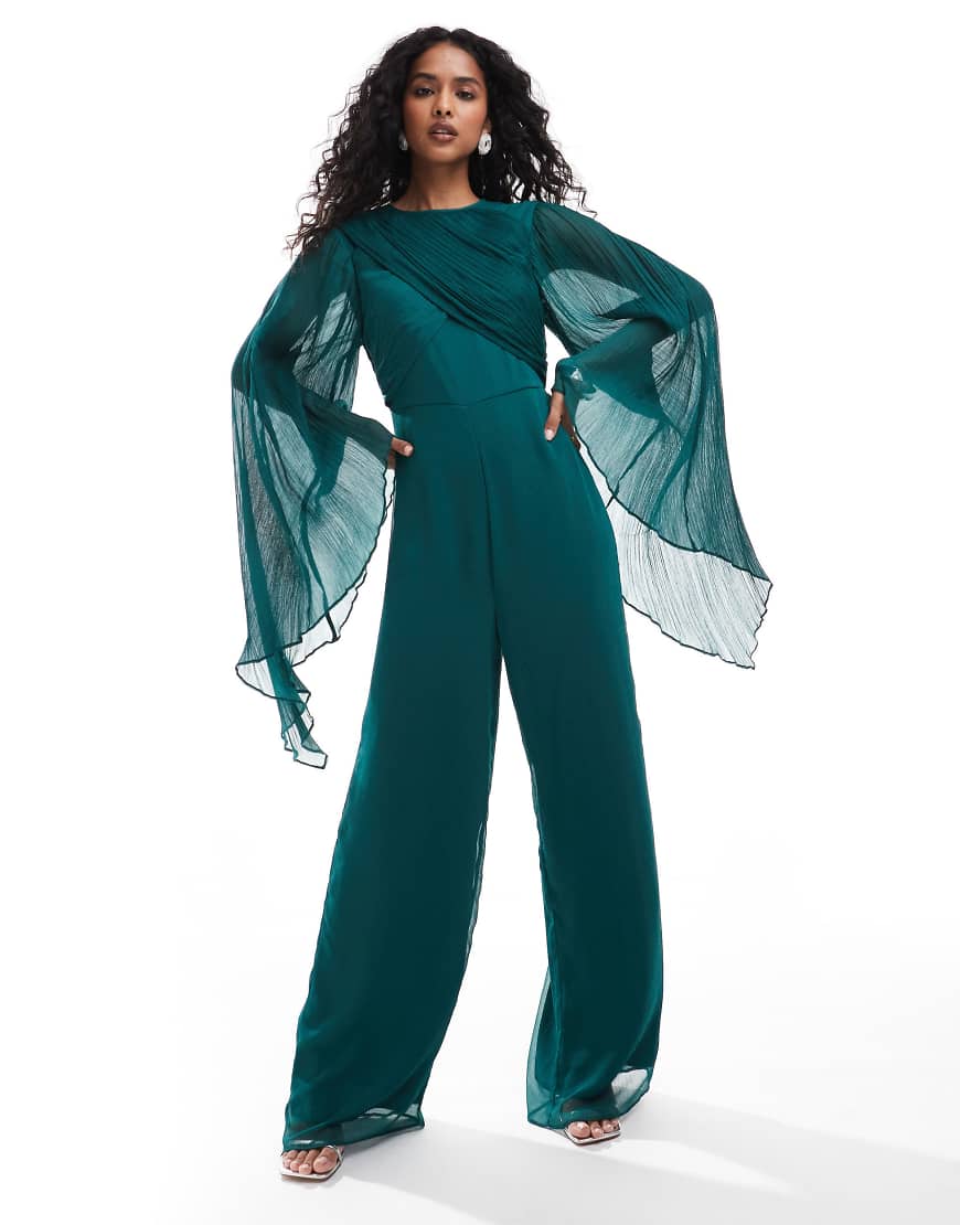 ASOS DESIGN exaggerated sleeve chiffon wide leg jumpsuit in jewel green