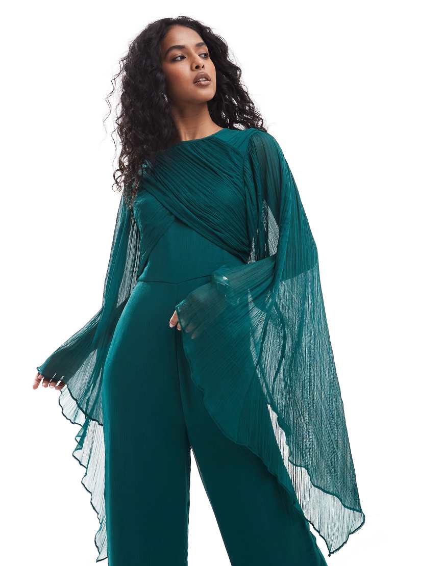 ASOS DESIGN exaggerated sleeve chiffon wide leg jumpsuit in jewel green