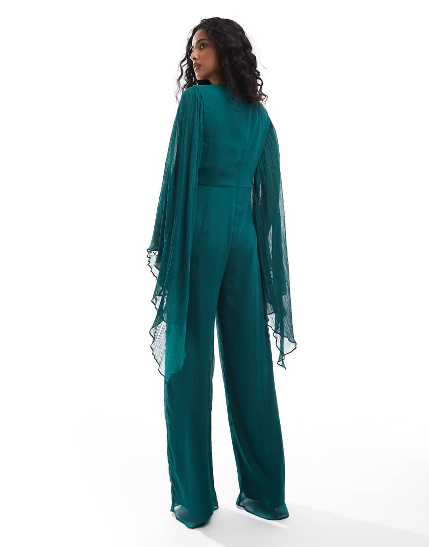 ASOS DESIGN exaggerated sleeve chiffon wide leg jumpsuit in jewel green