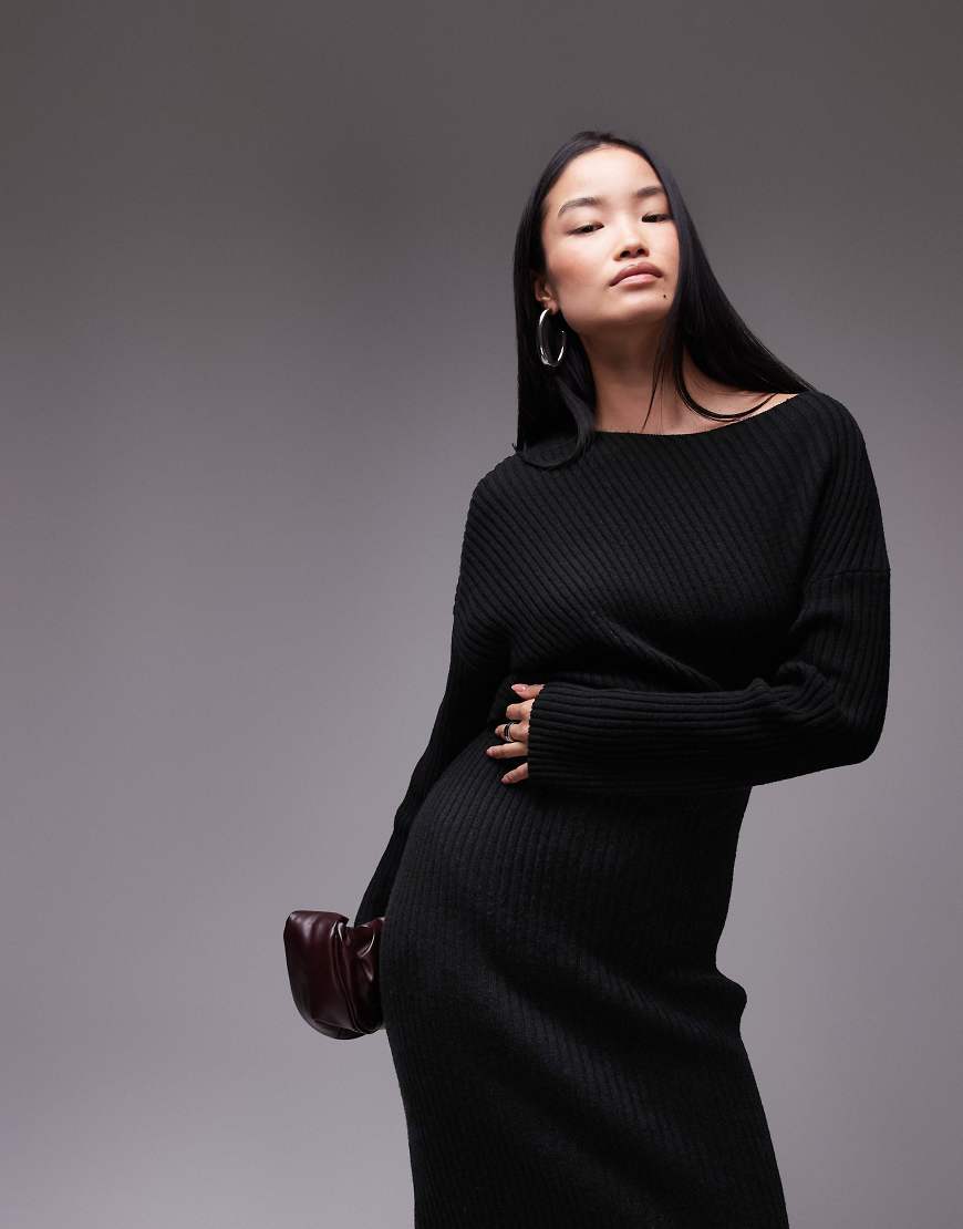 ARKET knitted rib midaxi dress with twisted drape detail in black