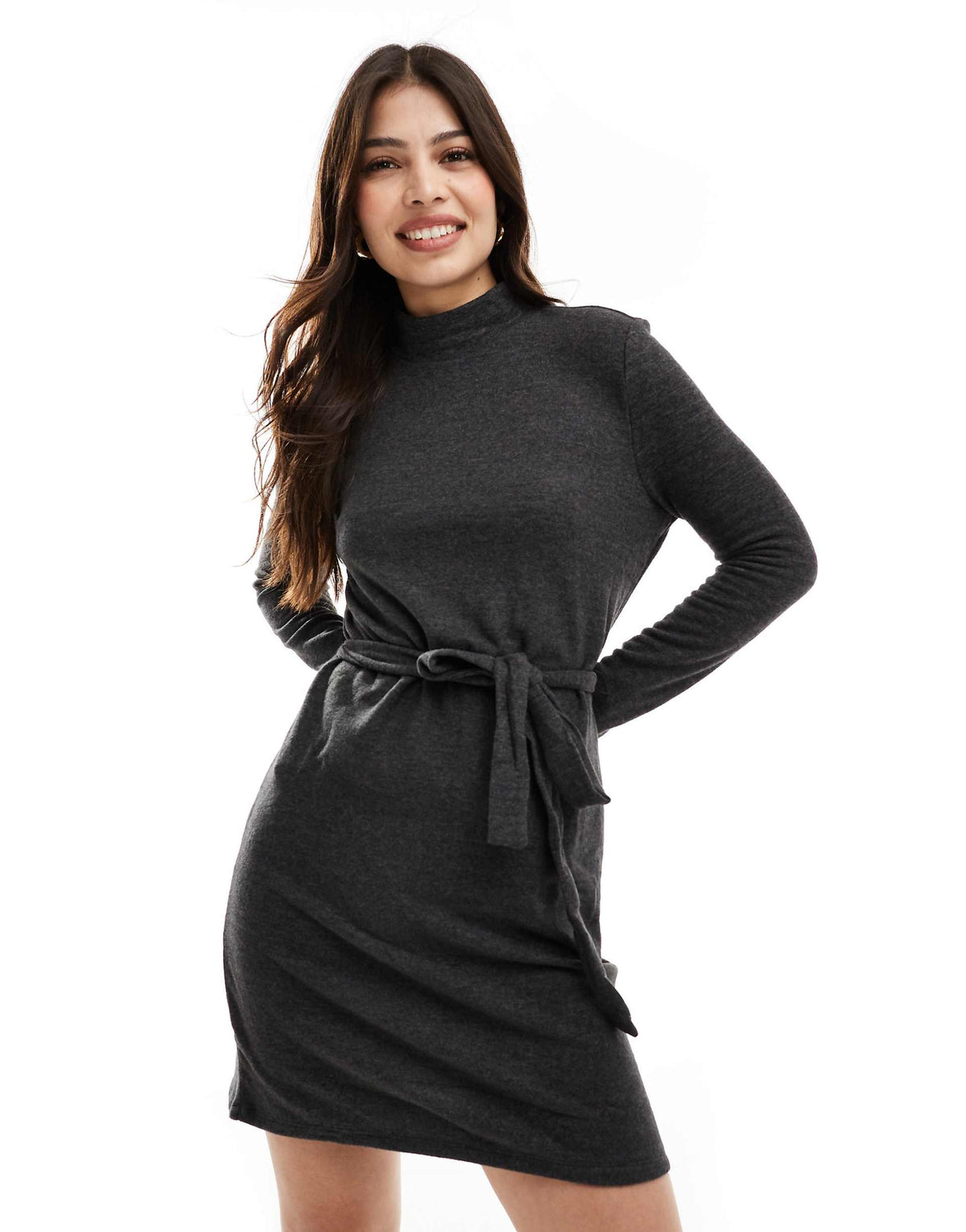 Vero Moda high neck knitted mini dress with tie waist in black melange