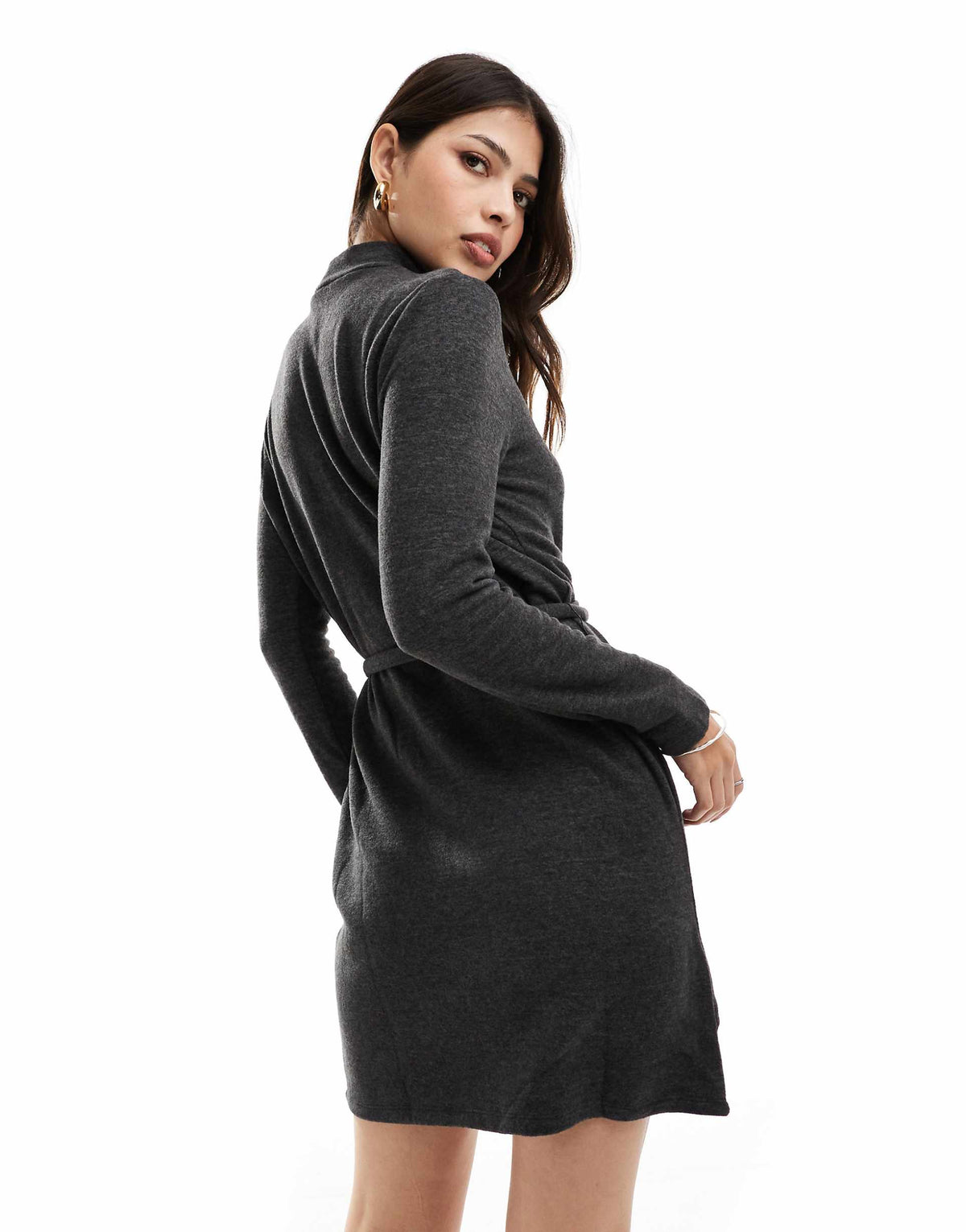 Vero Moda high neck knitted mini dress with tie waist in black melange