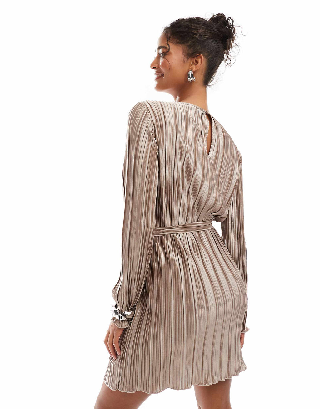 Vero Moda tie waist plisse mini dress in gold