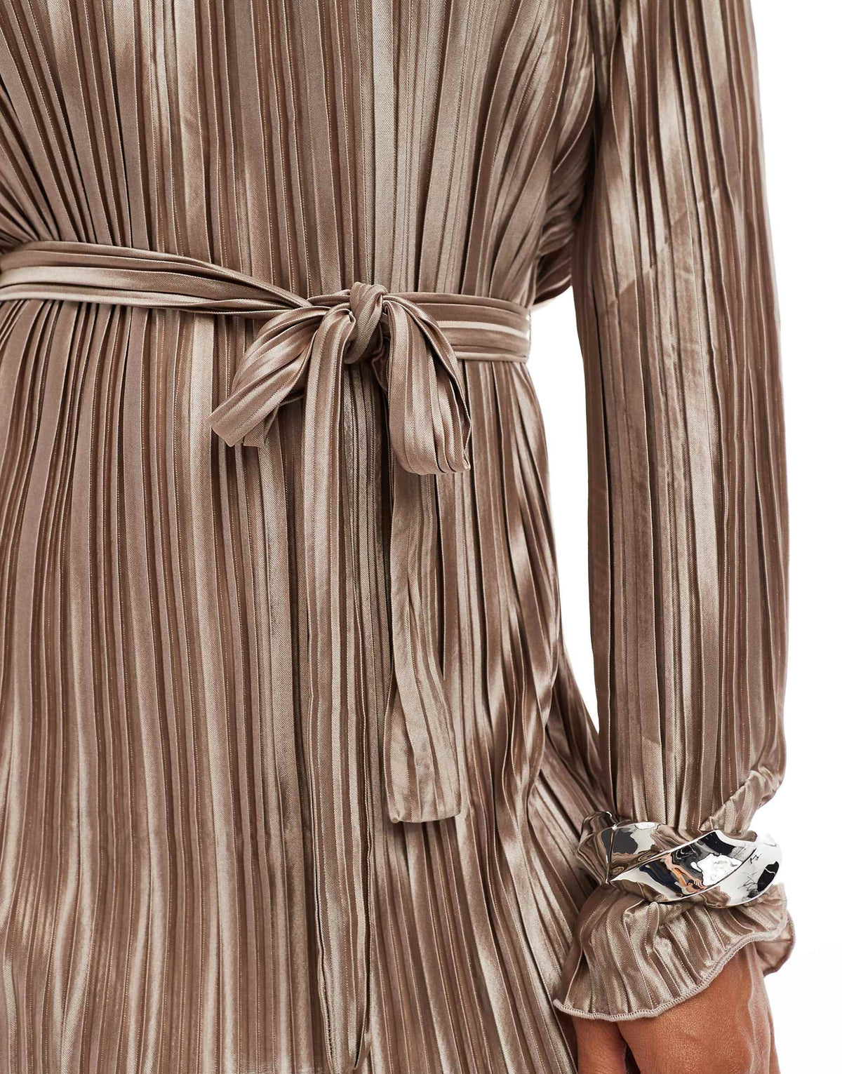 Vero Moda tie waist plisse mini dress in gold