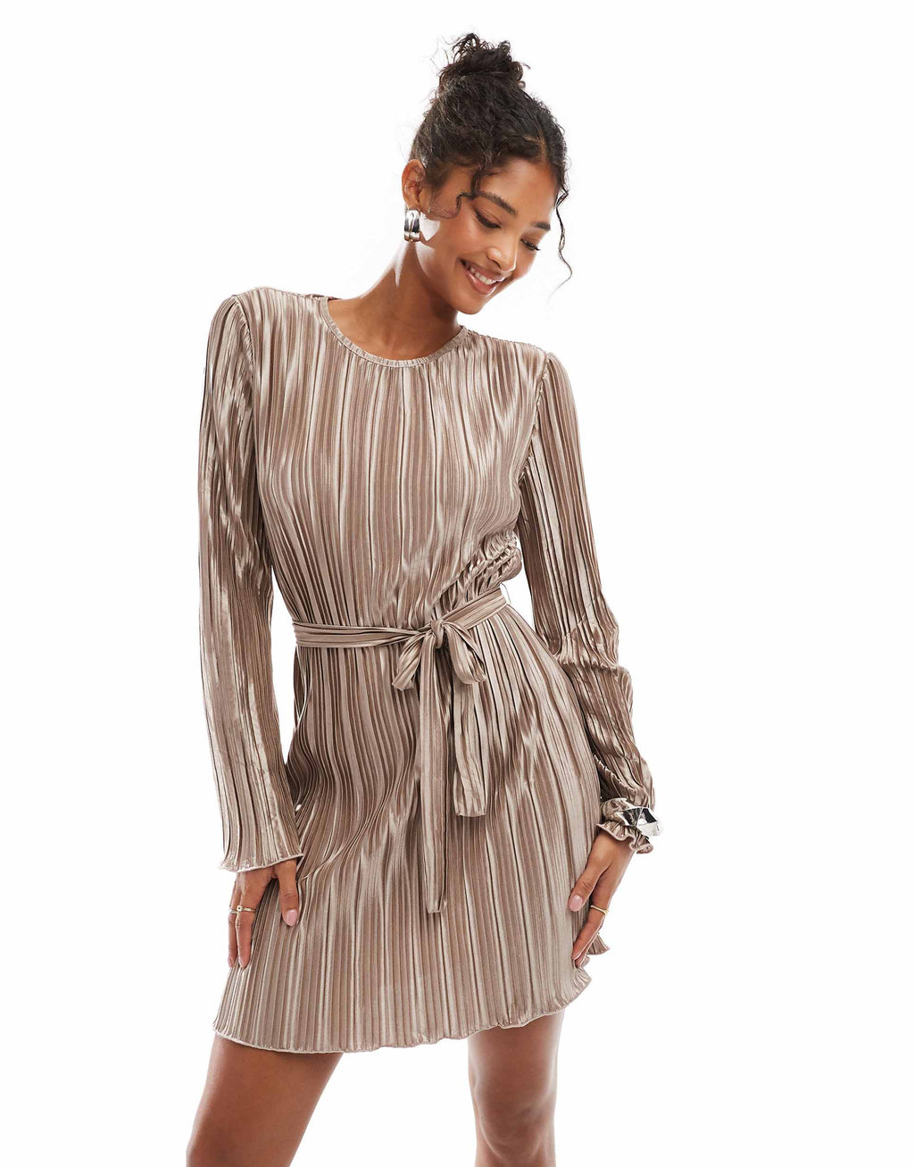 Vero Moda tie waist plisse mini dress in gold