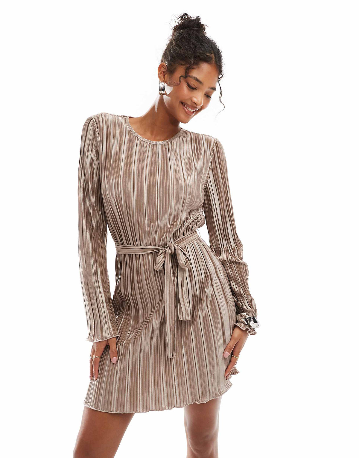 Vero Moda tie waist plisse mini dress in gold