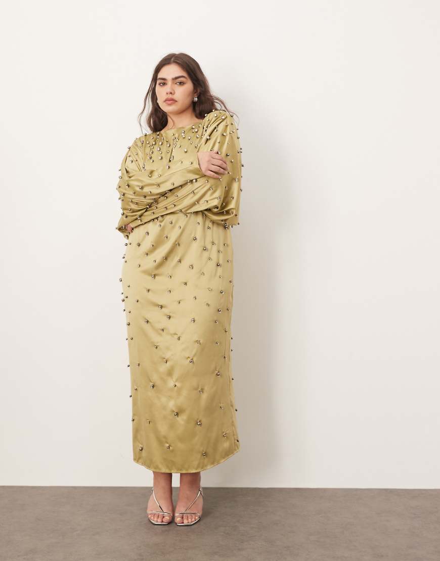 ARRANGE Curve embellished ball bearing open back maxi dress in green