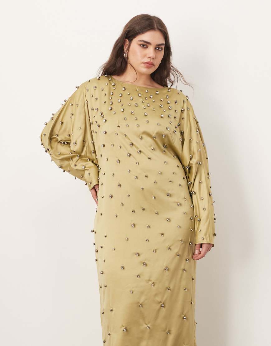 ARRANGE Curve embellished ball bearing open back maxi dress in green