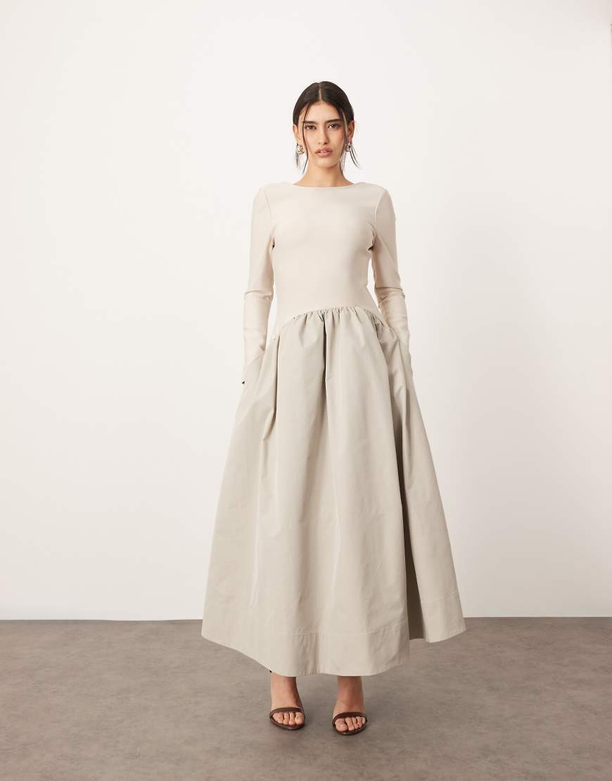 ARRANGE drop waist long sleeve maxi dress with contrast skirt in silver gray