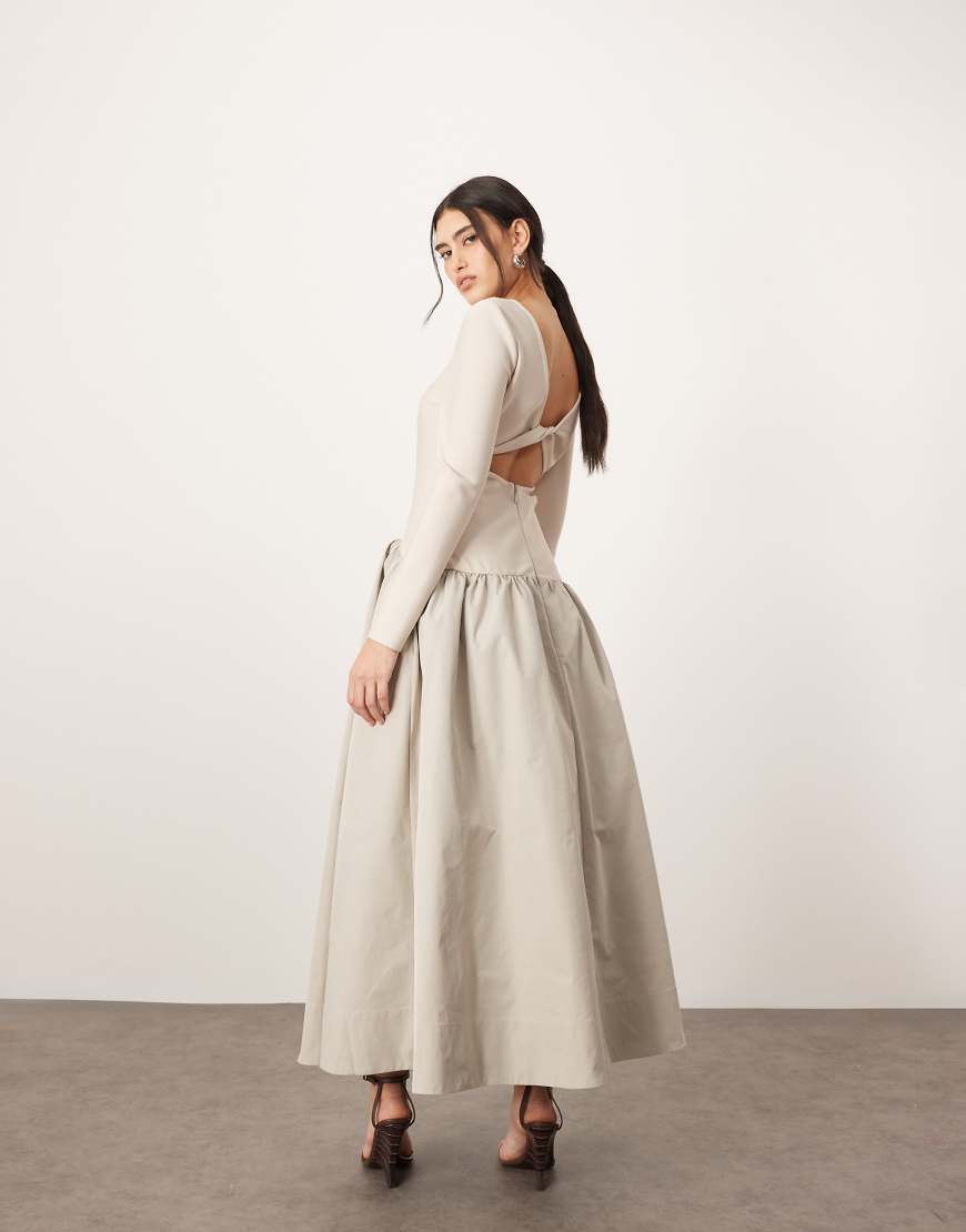 ARRANGE drop waist long sleeve maxi dress with contrast skirt in silver gray