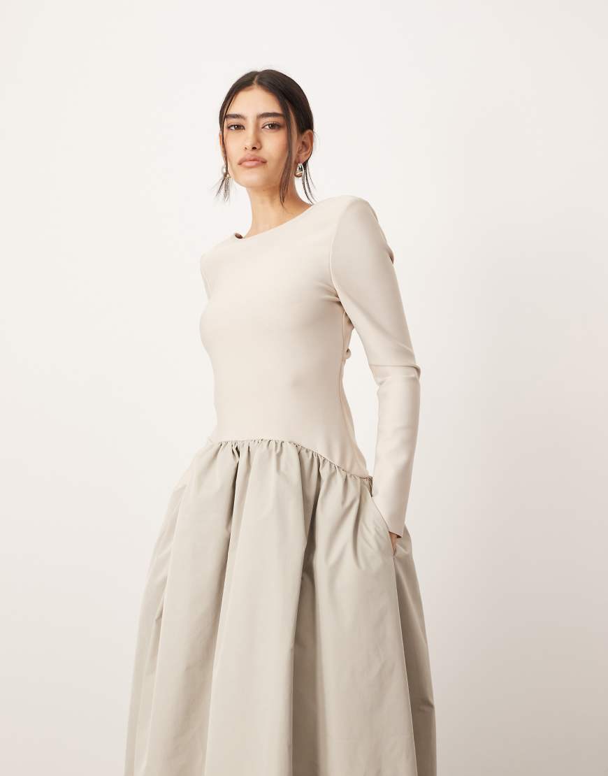 ARRANGE drop waist long sleeve maxi dress with contrast skirt in silver gray