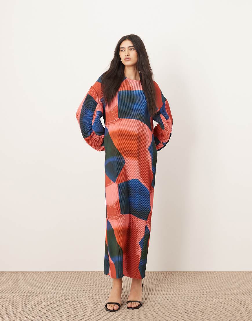 ARRANGE plisse balloon sleeve maxi dress in abstract print