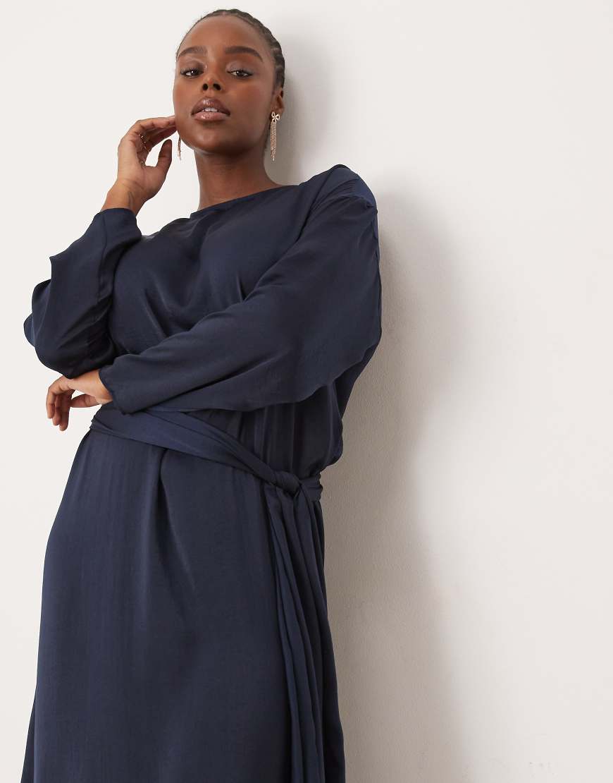 ASOS DESIGN Curve satin long sleeved tie detail maxi dress in navy