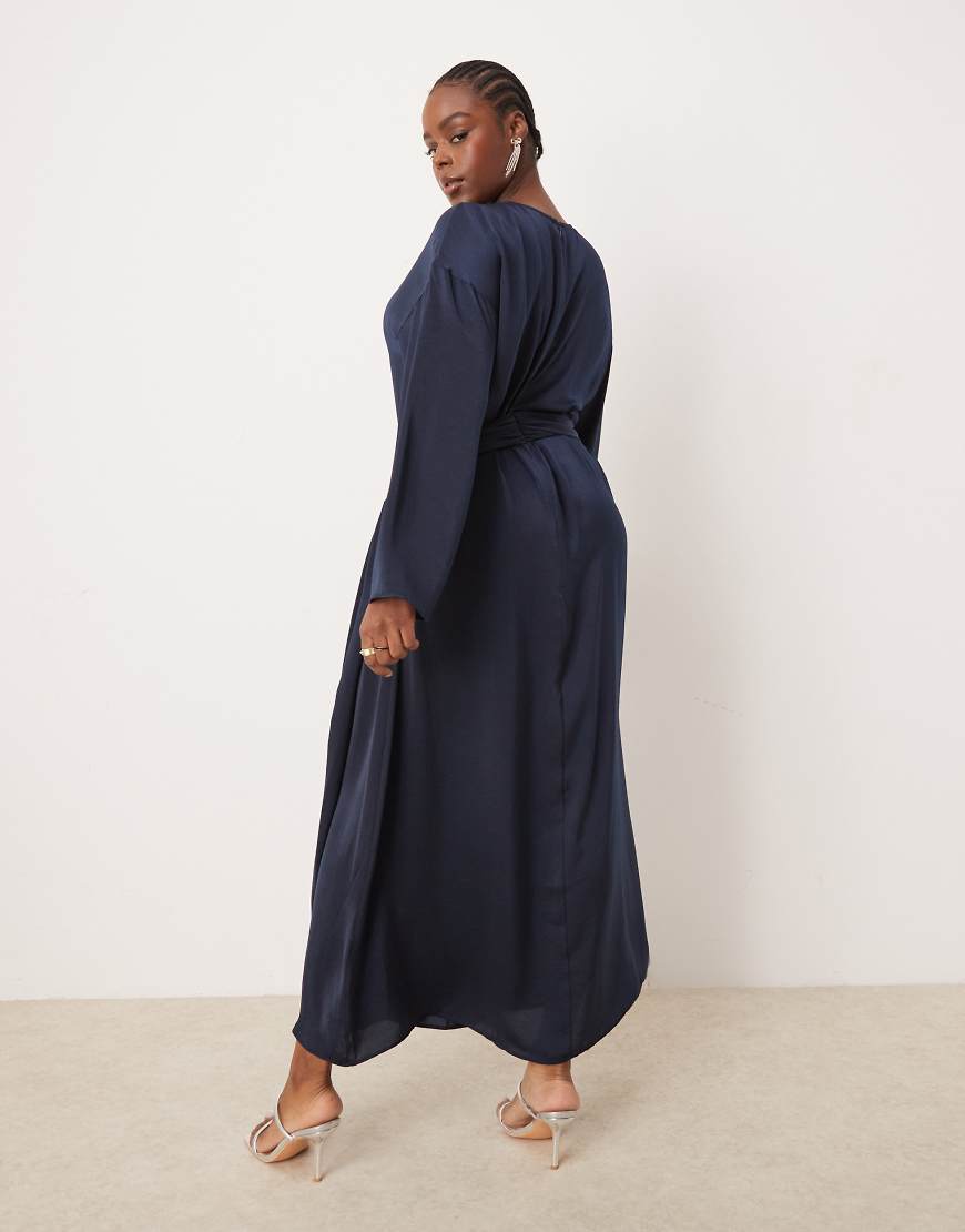 ASOS DESIGN Curve satin long sleeved tie detail maxi dress in navy