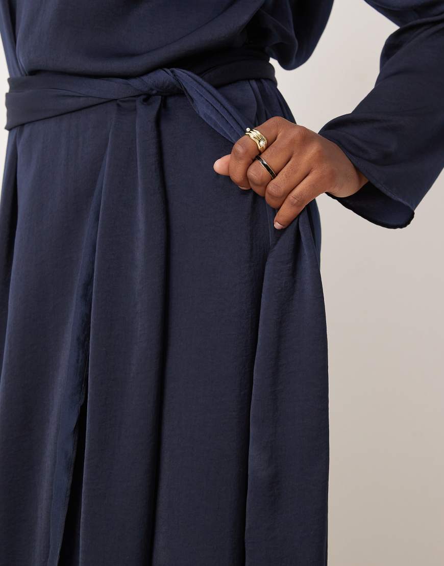 ASOS DESIGN Curve satin long sleeved tie detail maxi dress in navy