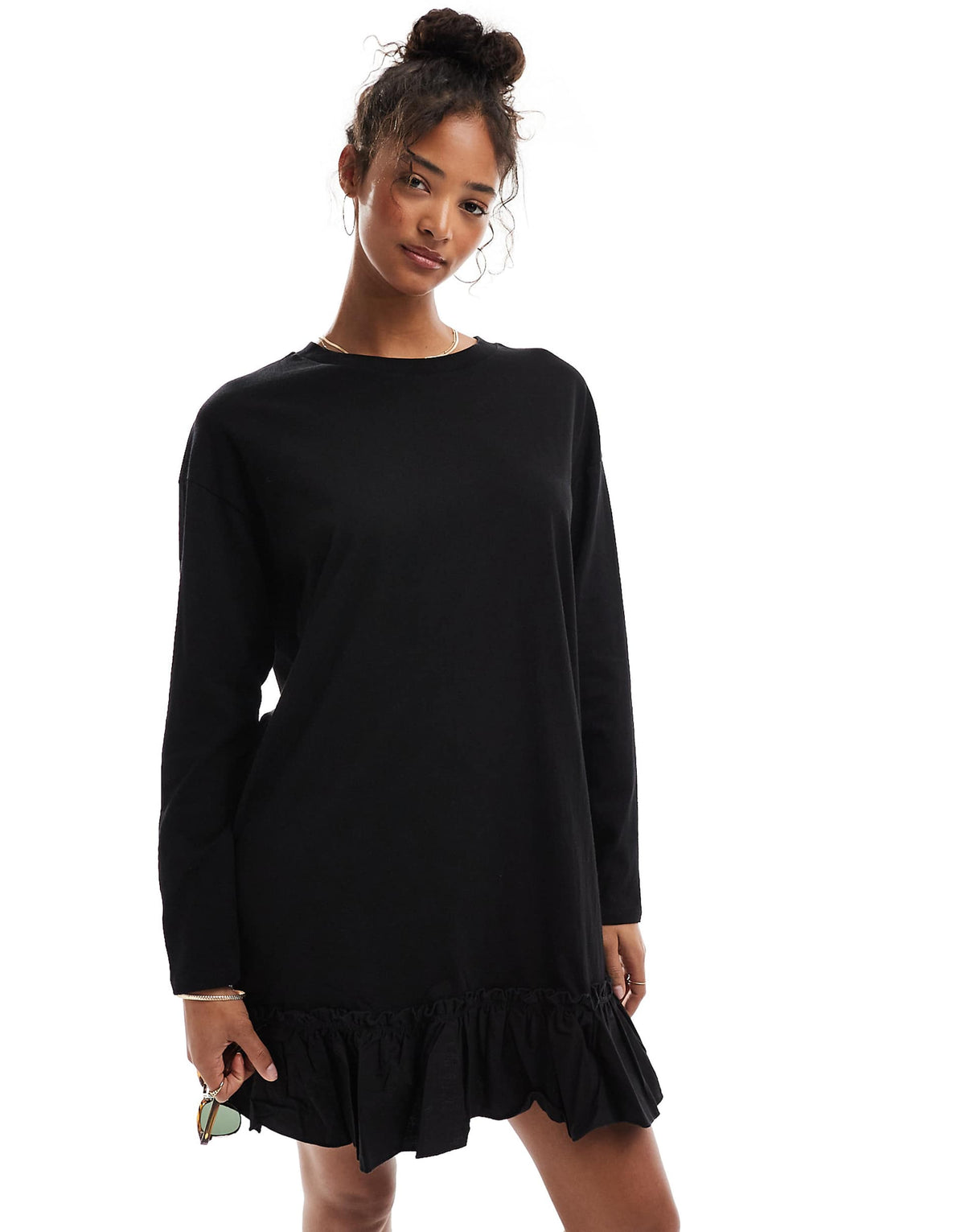 Miss Selfridge long sleeve poplin ruffle detail T-shirt dress in black