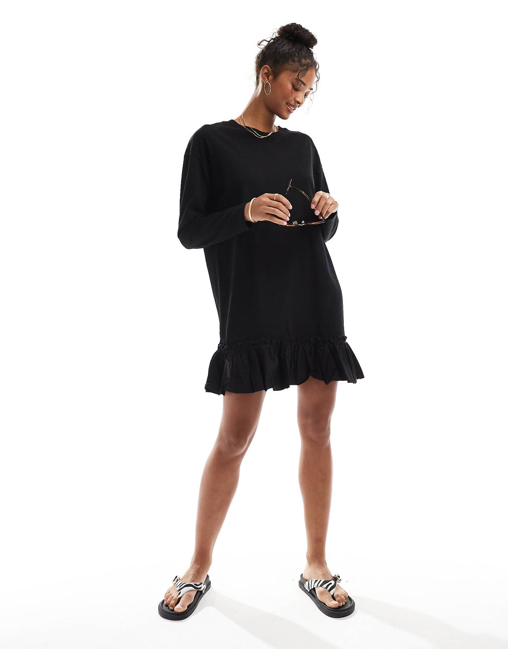 Miss Selfridge long sleeve poplin ruffle detail T-shirt dress in black