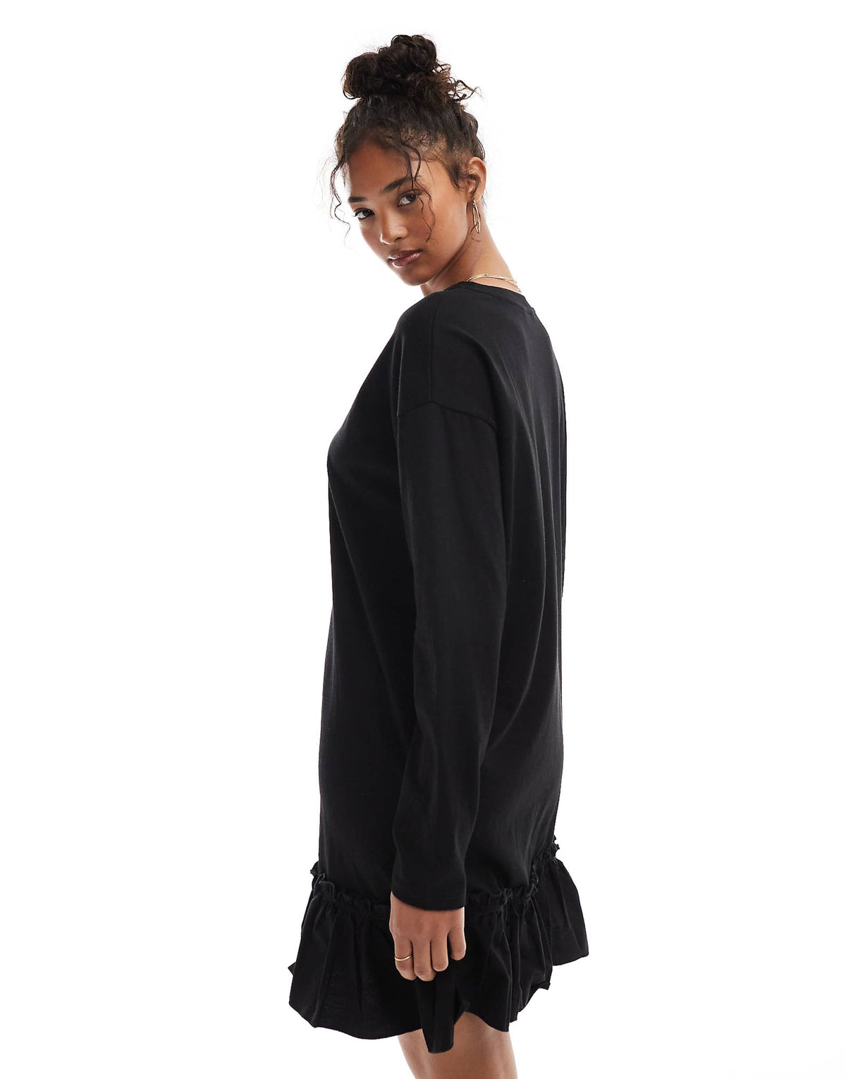 Miss Selfridge long sleeve poplin ruffle detail T-shirt dress in black
