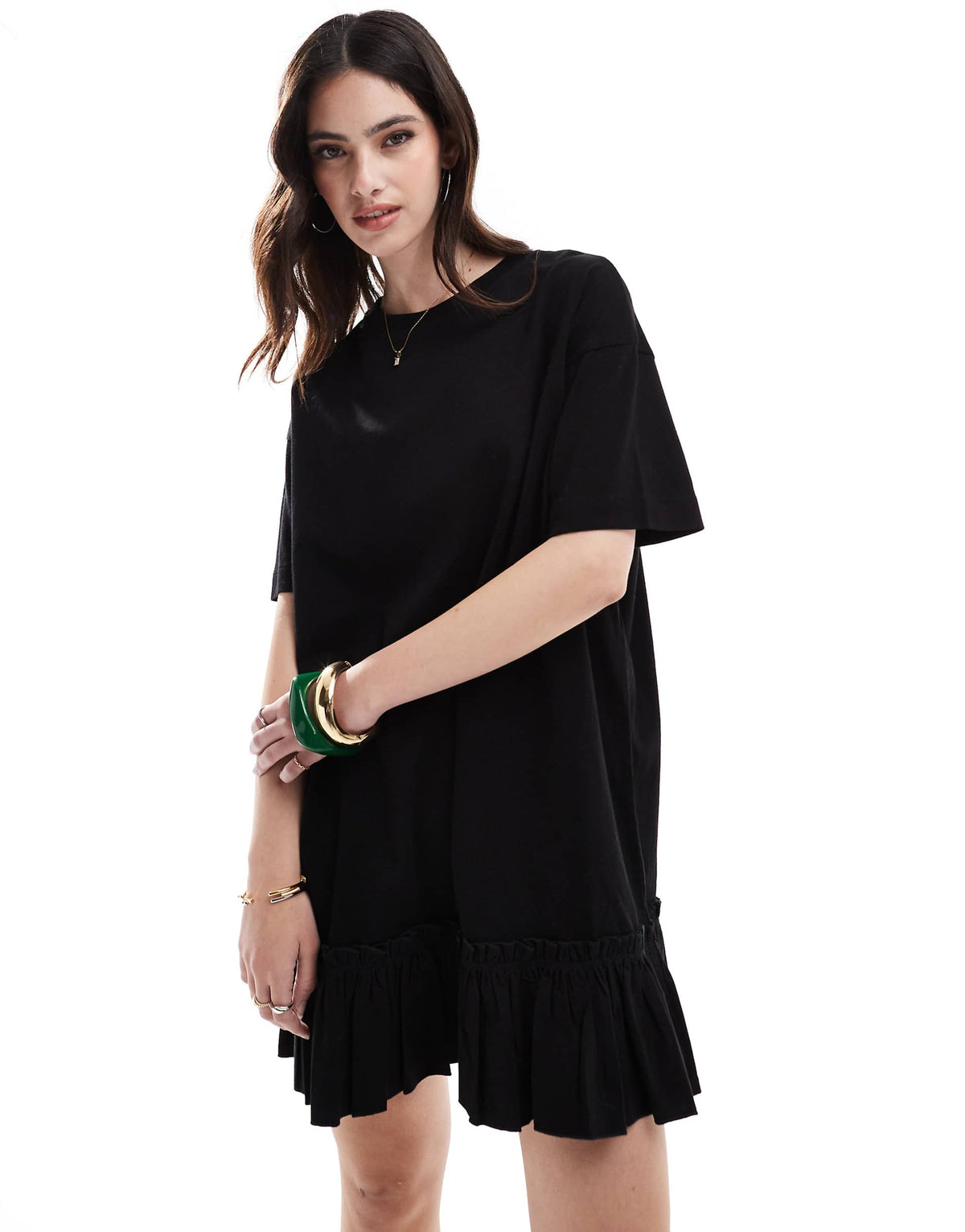 Miss Selfridge poplin ruffle detail T-shirt dress in black