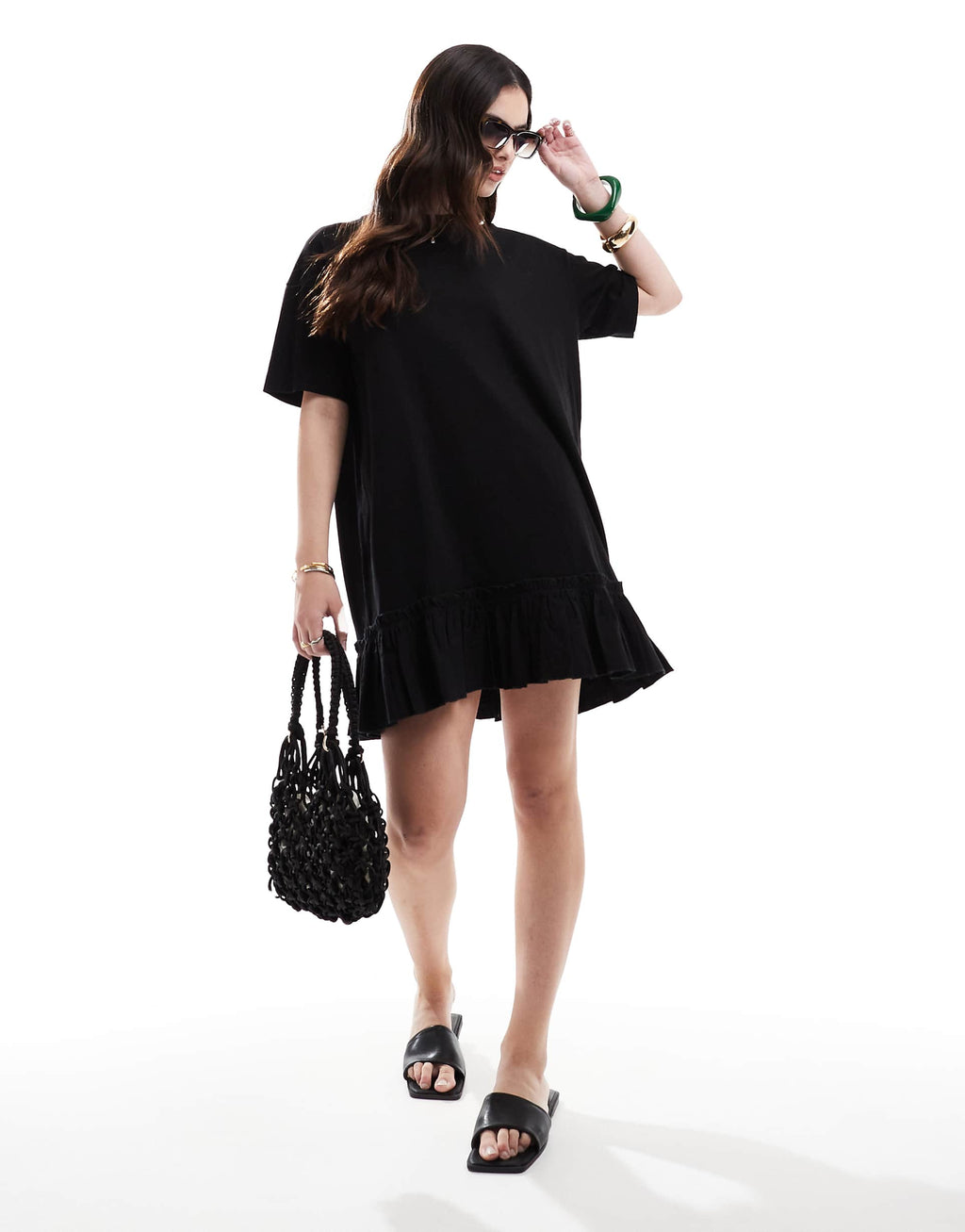 Miss Selfridge poplin ruffle detail T-shirt dress in black