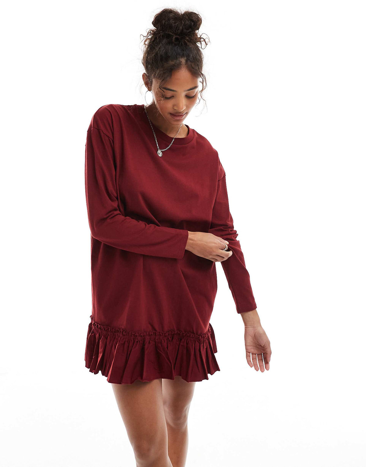 Miss Selfridge long sleeve poplin ruffle detail T-shirt dress in burgundy