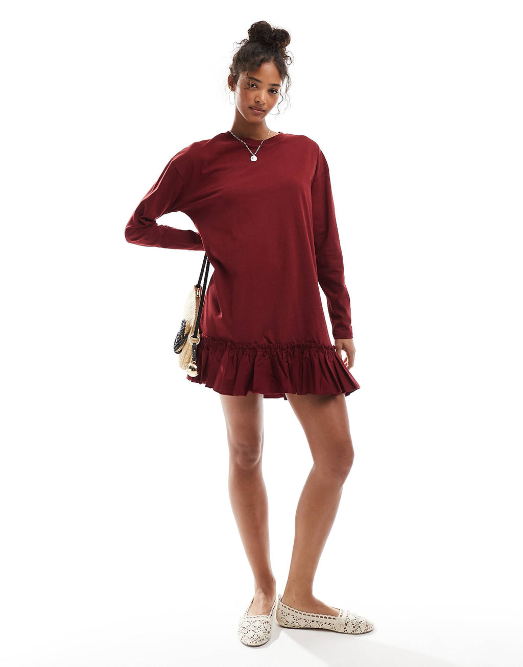Miss Selfridge long sleeve poplin ruffle detail T-shirt dress in burgundy