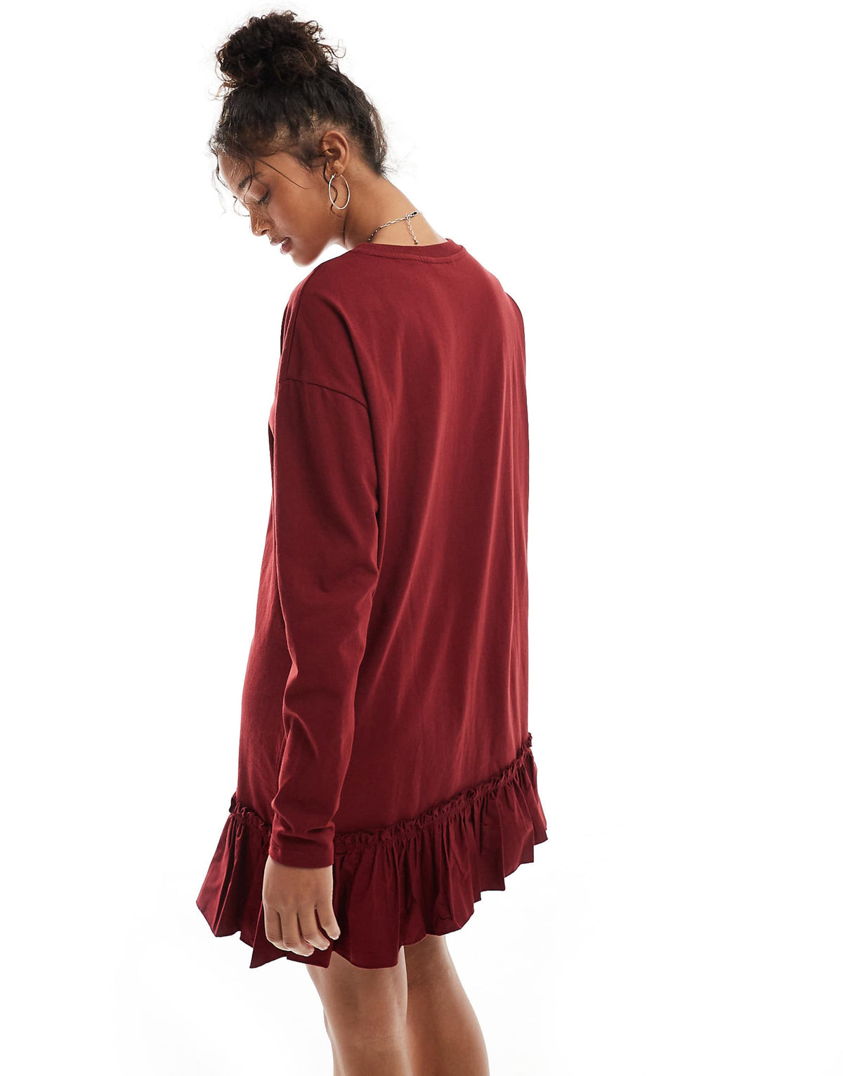Miss Selfridge long sleeve poplin ruffle detail T-shirt dress in burgundy