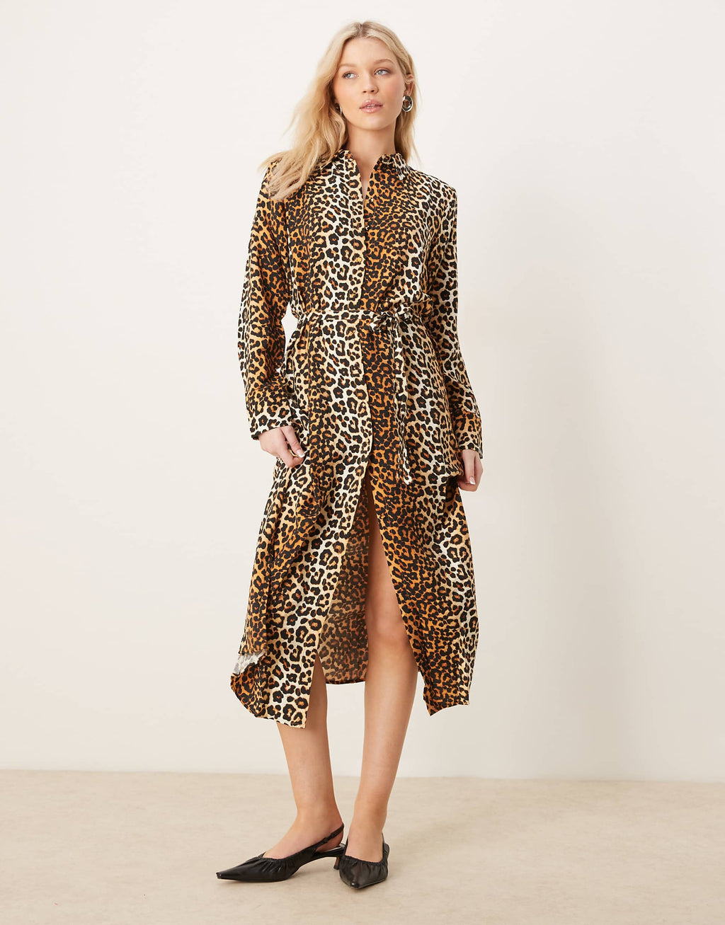 YAS tie waist maxi shirt dress in leopard print