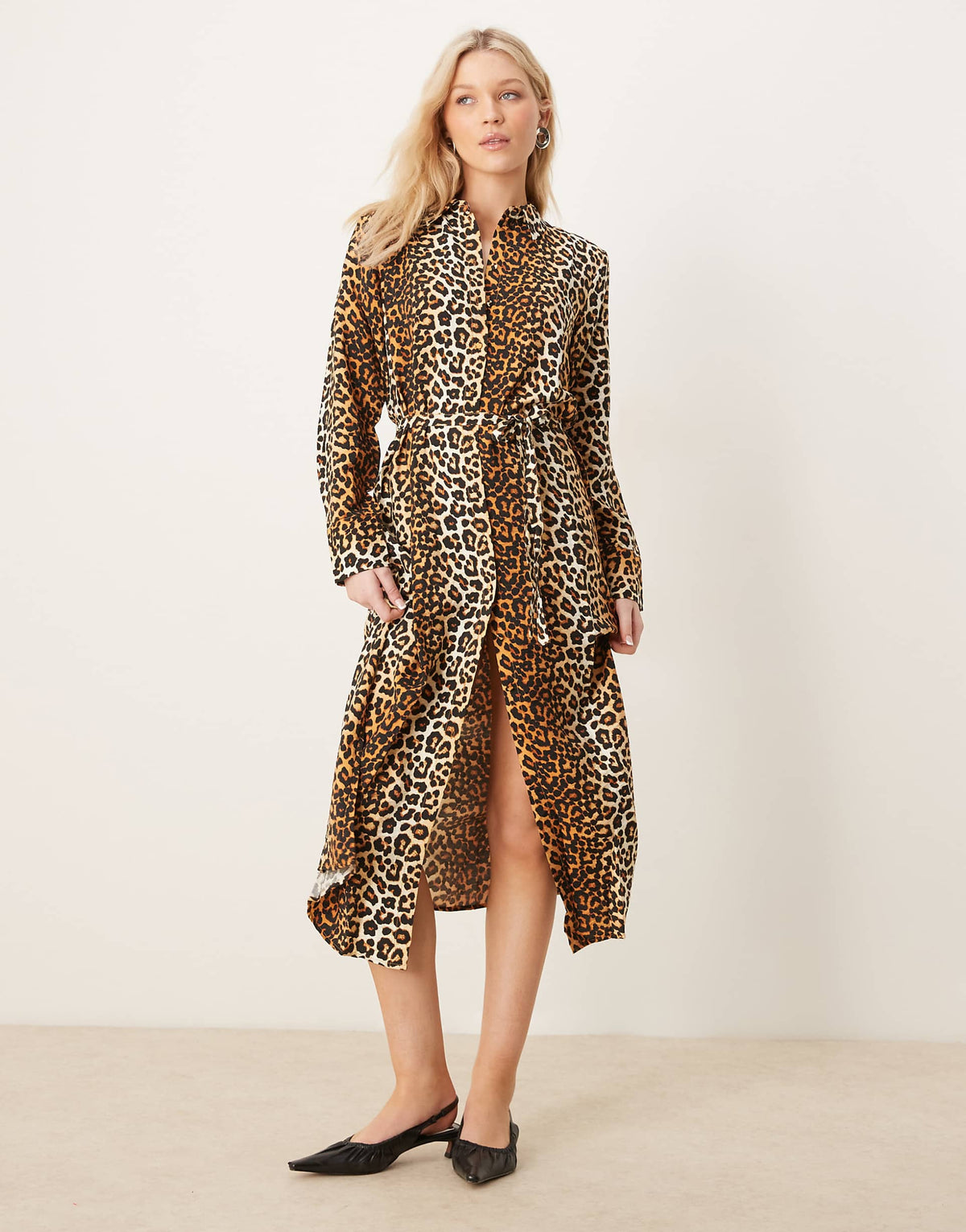 YAS tie waist maxi shirt dress in leopard print