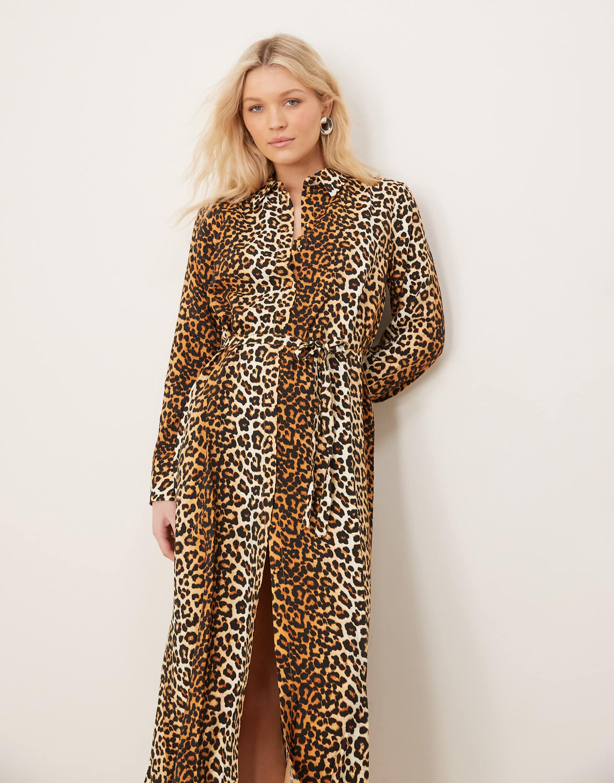 YAS tie waist maxi shirt dress in leopard print