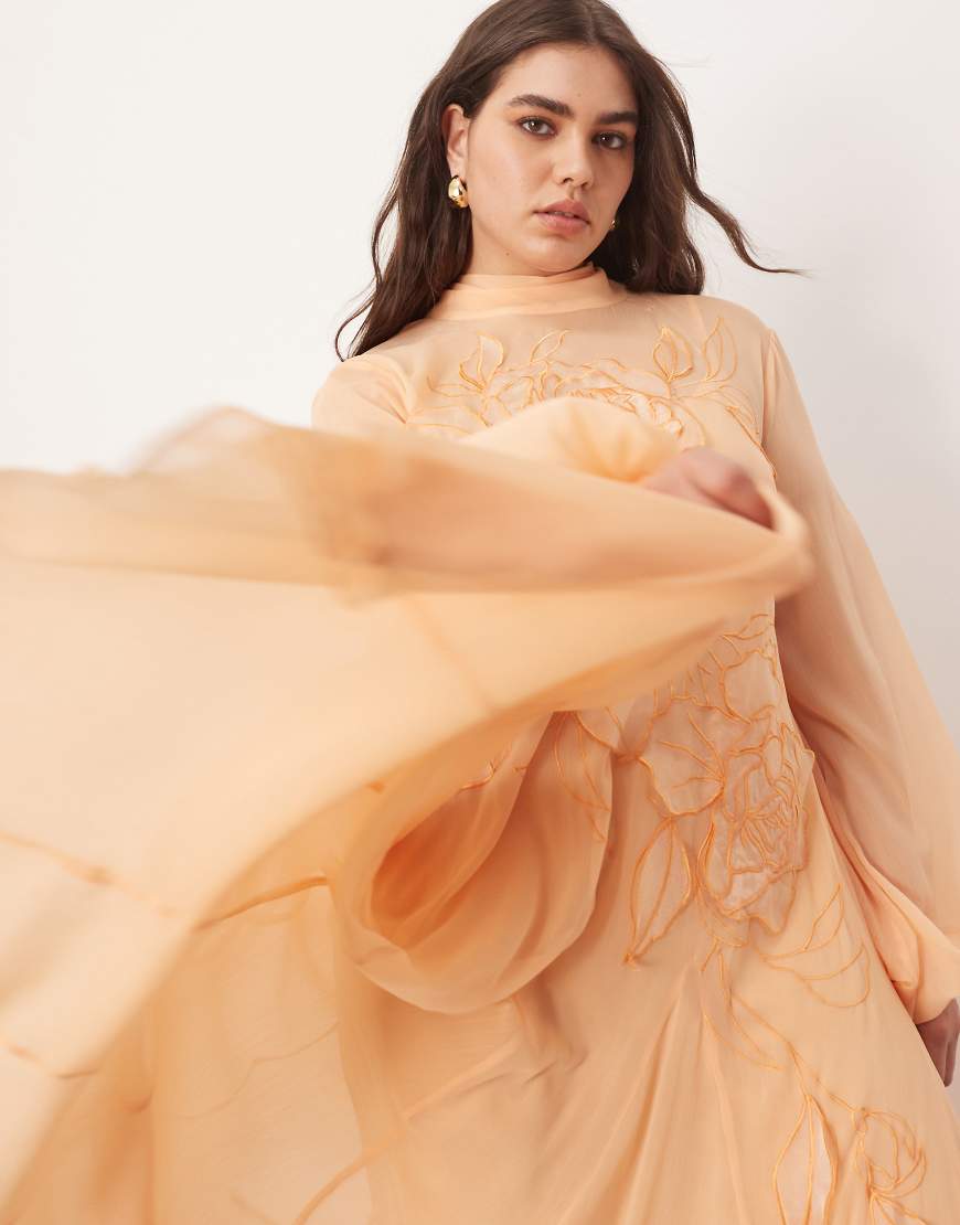 ARRANGE Curve applique floral tie neck blouson sleeve trapeze maxi dress in apricot