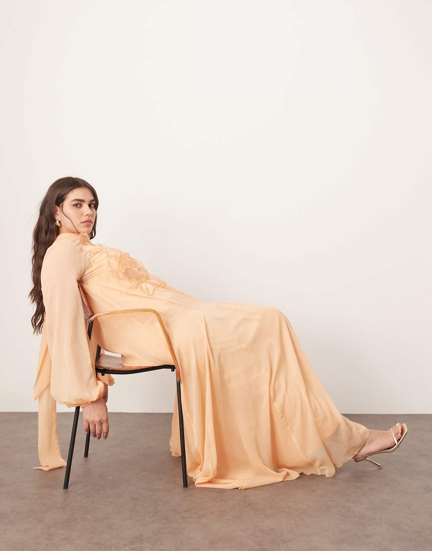ARRANGE Curve applique floral tie neck blouson sleeve trapeze maxi dress in apricot