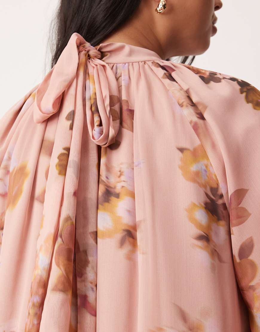 ASOS DESIGN Curve smock tie bow back maxi dress in pink blurred floral print