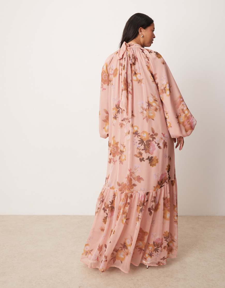 ASOS DESIGN Curve smock tie bow back maxi dress in pink blurred floral print