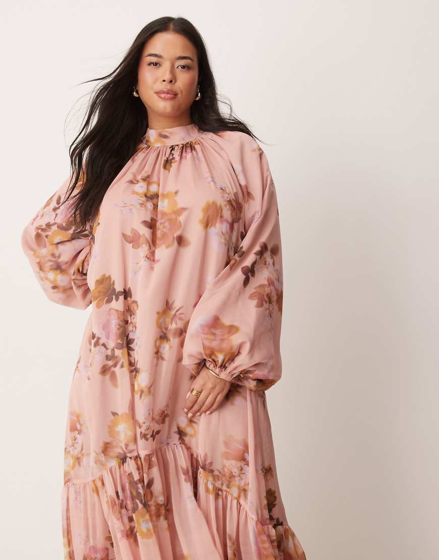 ASOS DESIGN Curve smock tie bow back maxi dress in pink blurred floral print